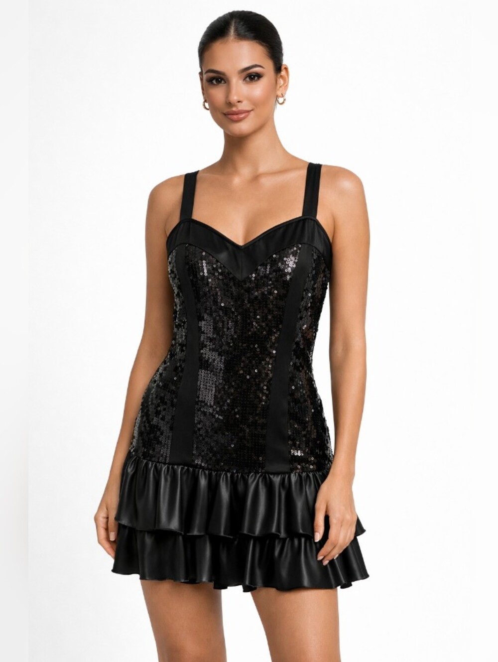 Black Sequin Ruffle Tiered Dress Large 12/14